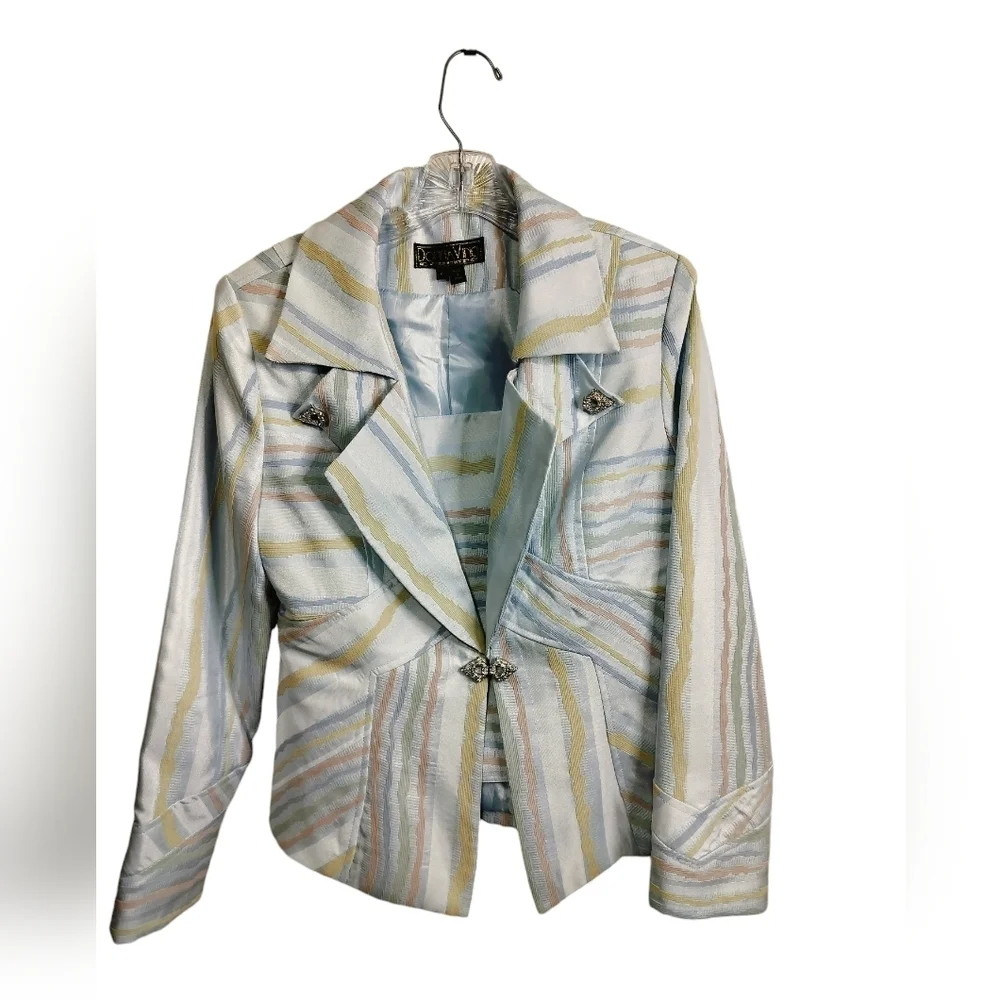 2870)Donna Vinci Couture 3 pcs Multicolor Striped Jewel Jacket Cami Skirt Suit 8 - Picture 3 of 16